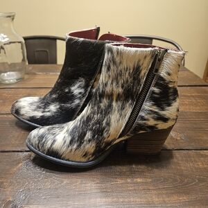 Spotted Haircalf Ankle Booties in Black & Cream with Side Zip